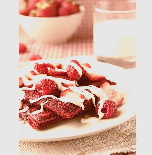 Red Velvet Waffles With Cream Cheese Icing Drizzle. 