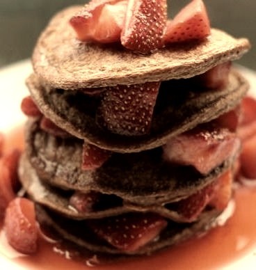 Chocolate Strawberry Protein Pancakes. 