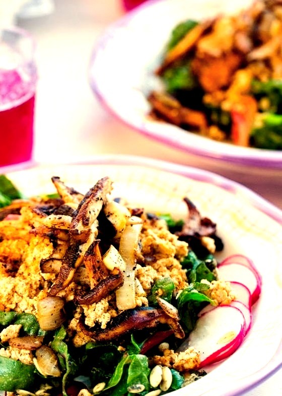 Chard Salad with Peppered Mushrooms and Spicy Tofu Crumbles