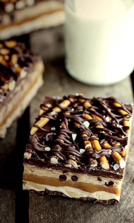 Brown Butter Chocolate Chip Cookie Dough Pretzel Snickers Bars