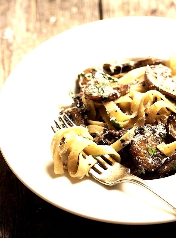 Pasta in mushrooms in creamy mustard sauce